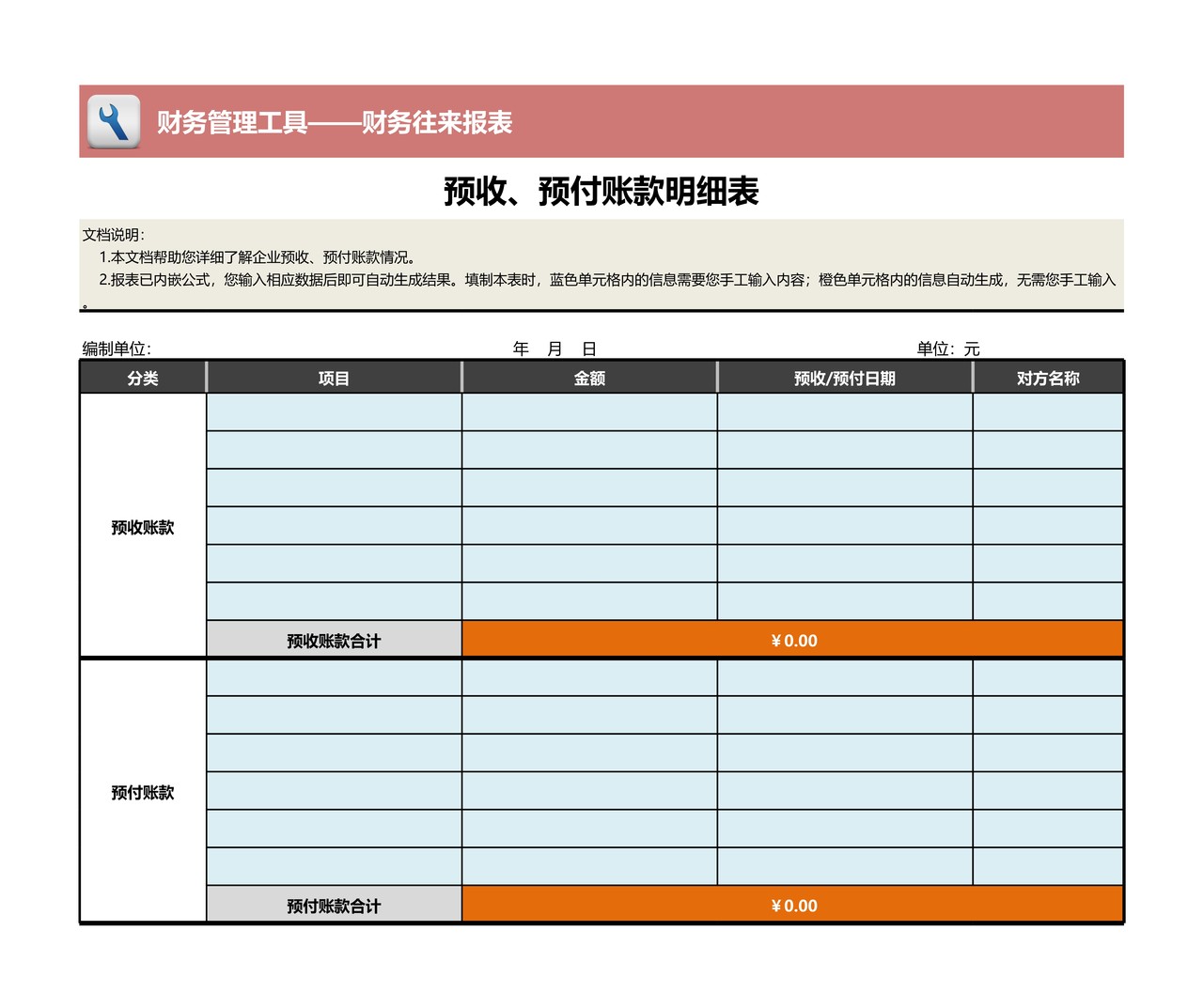 预收、预付账款明细表