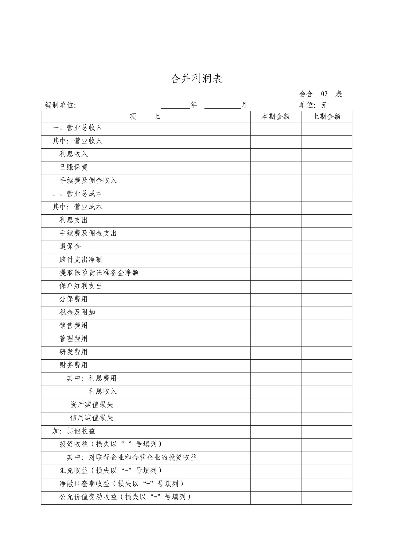 《合并利润表》(蚌埠市空白表格)