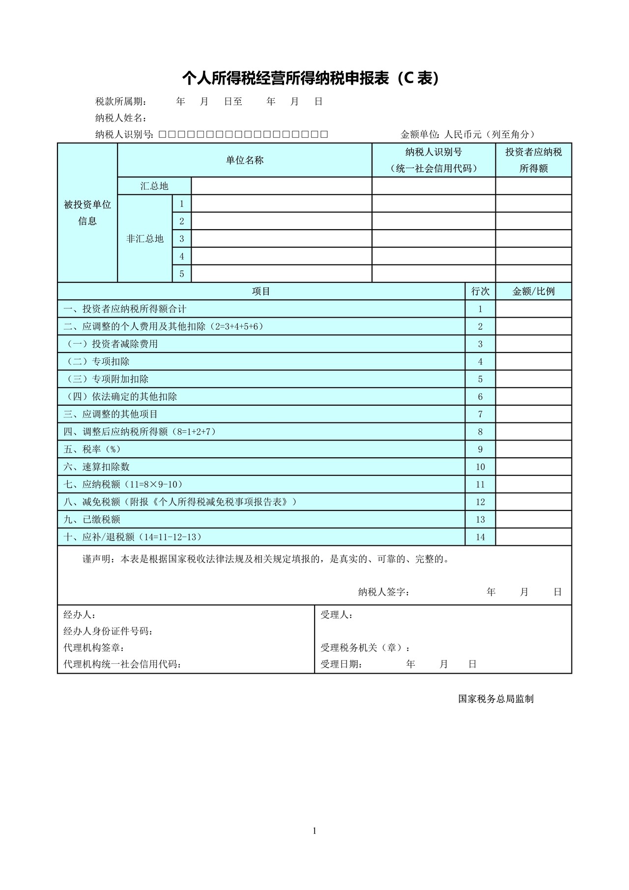 《个人所得税经营所得纳税申报表(C+表)》空表