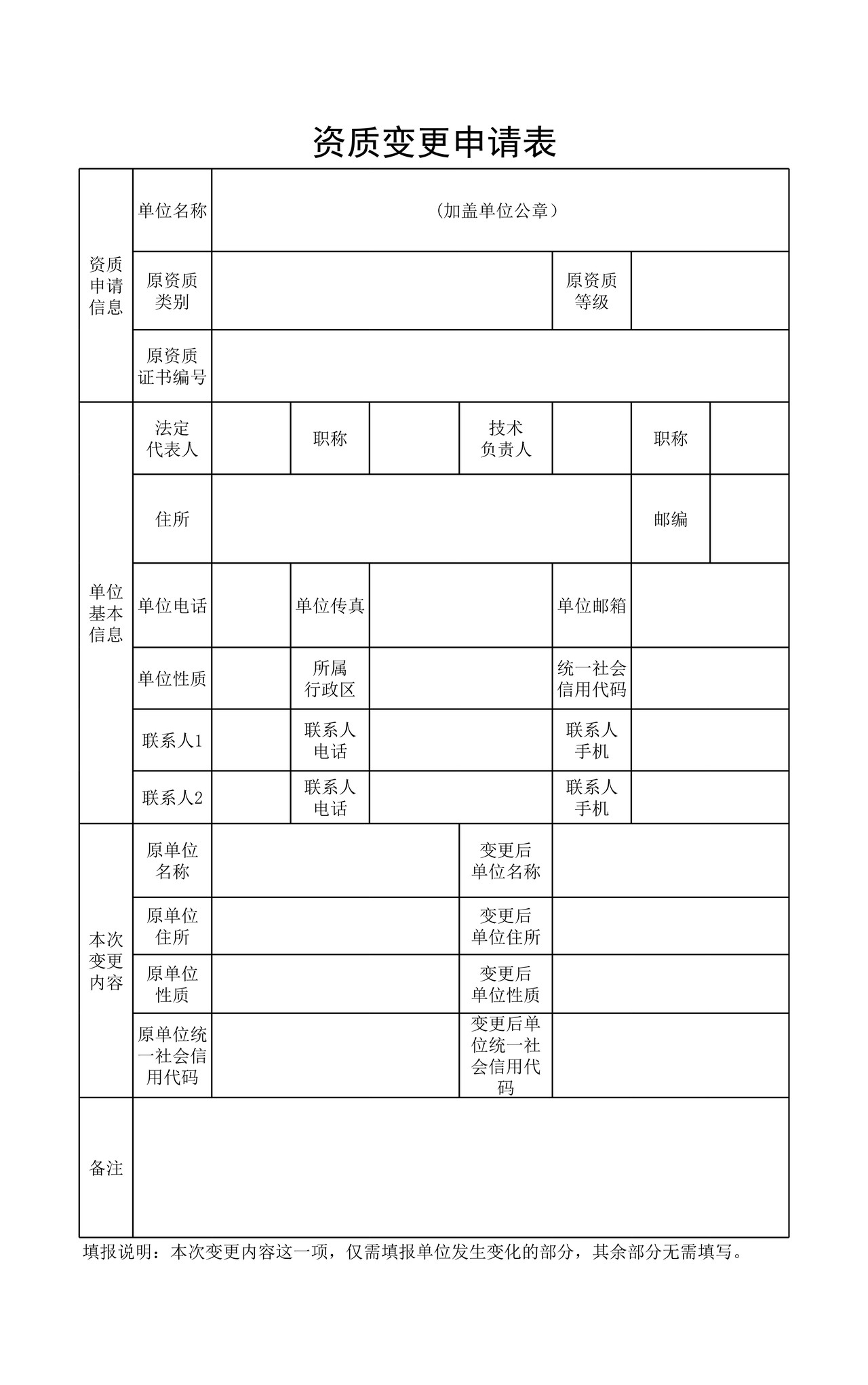 资质变更申请表（空白表格）