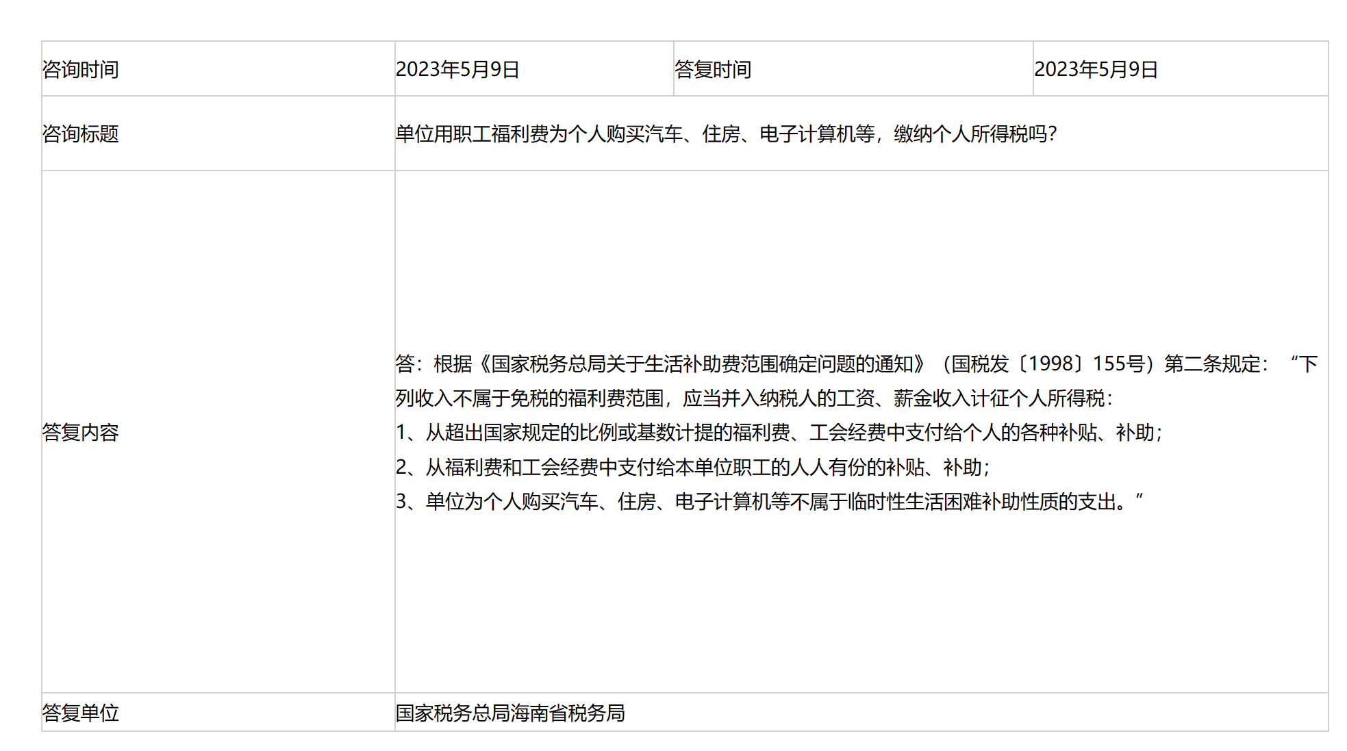 国家税务总局海南省税务局——单位用职工福利费为个人购买汽车、住房、电子计算机等，缴纳个人所得税吗？-1