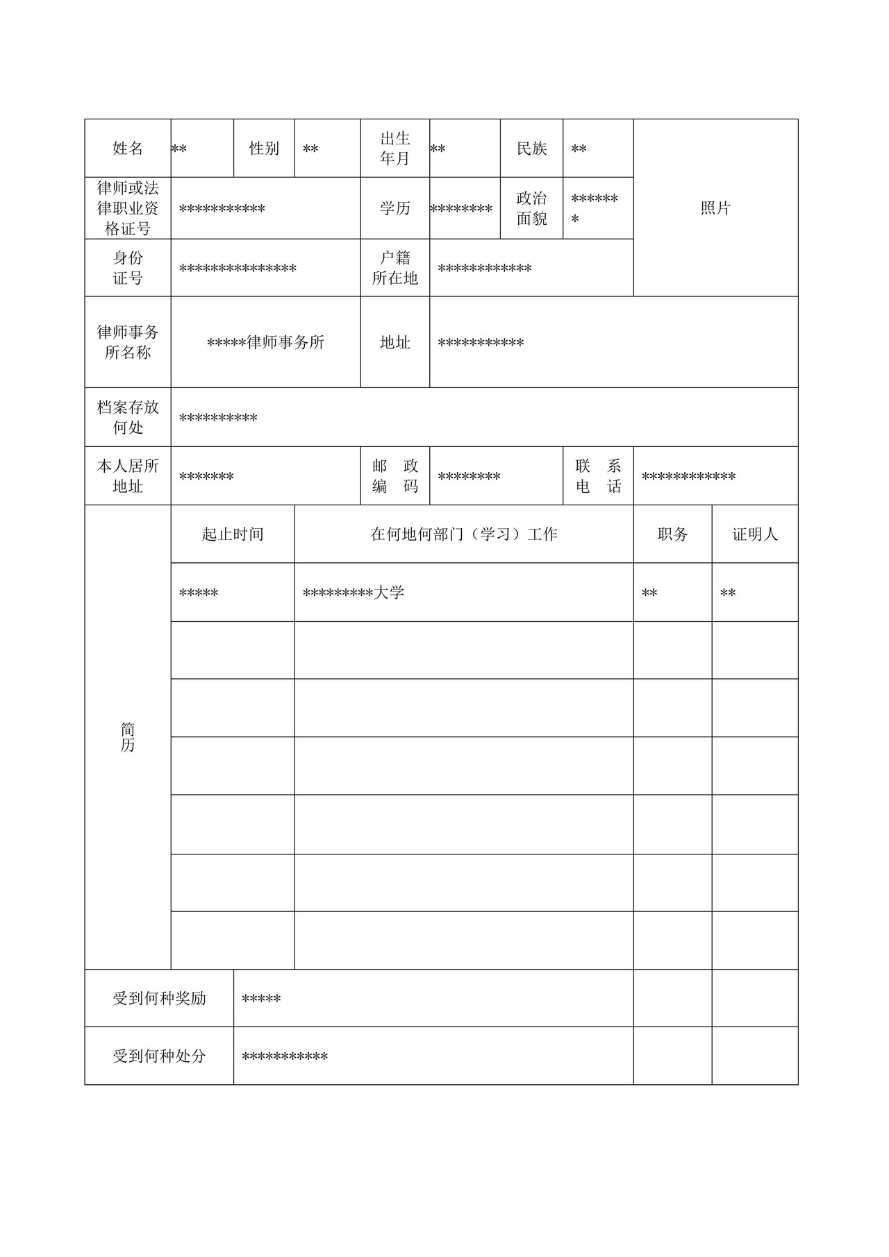 中华人民共和国律师执业登记表（示例样表）