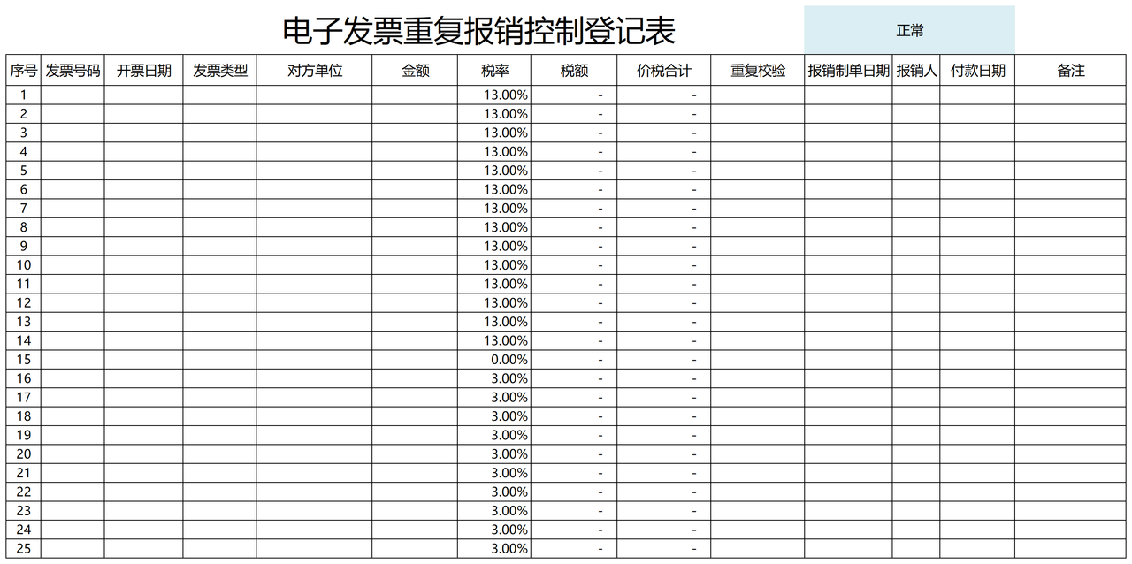 电子发票重复报销控制登记表(空白表格)
