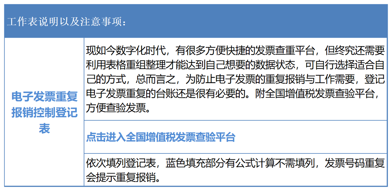 电子发票重复报销控制登记表(空白表格)