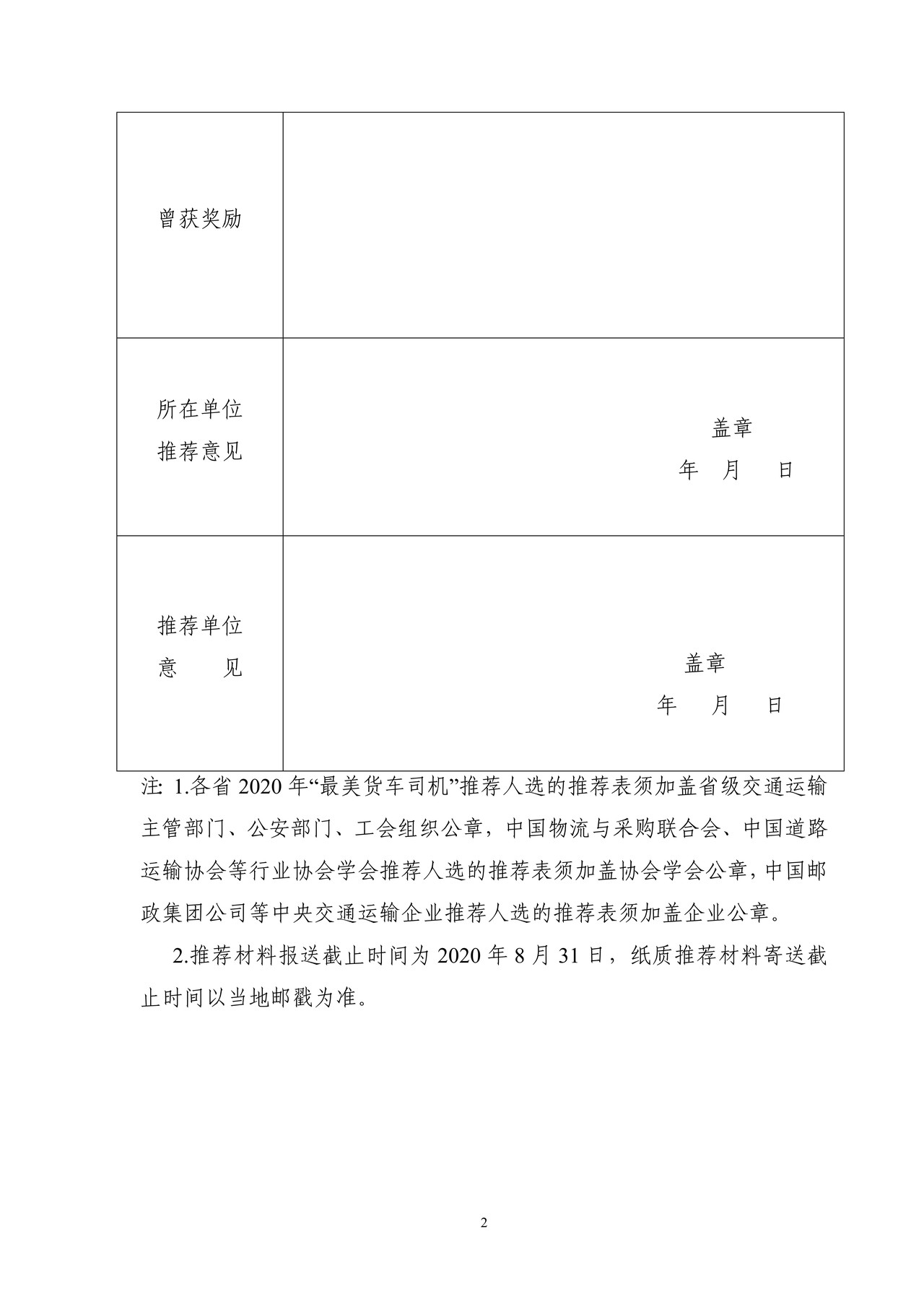2020年“最美货车司机”推荐表