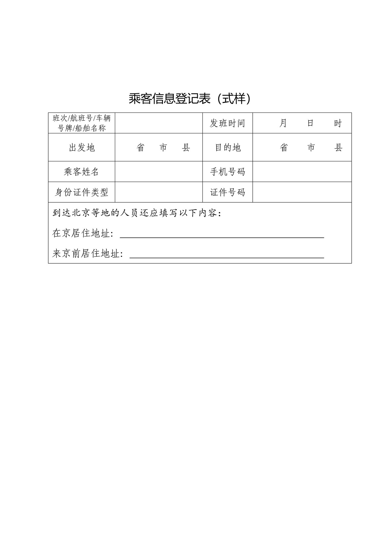 乘客信息登记表（式样）