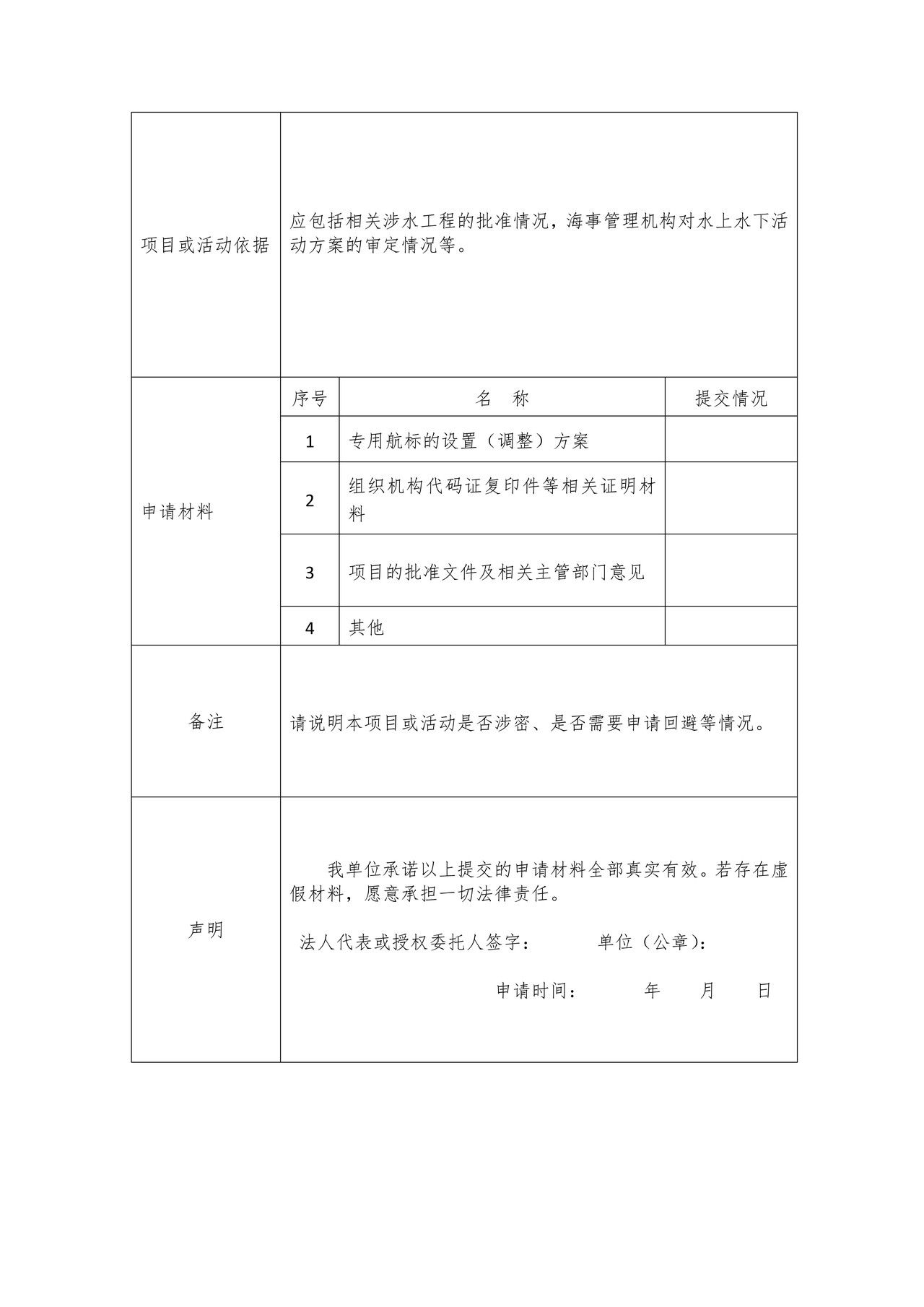 长江干线专用航标设置、撤除、位置移动和其他状况改变申请书