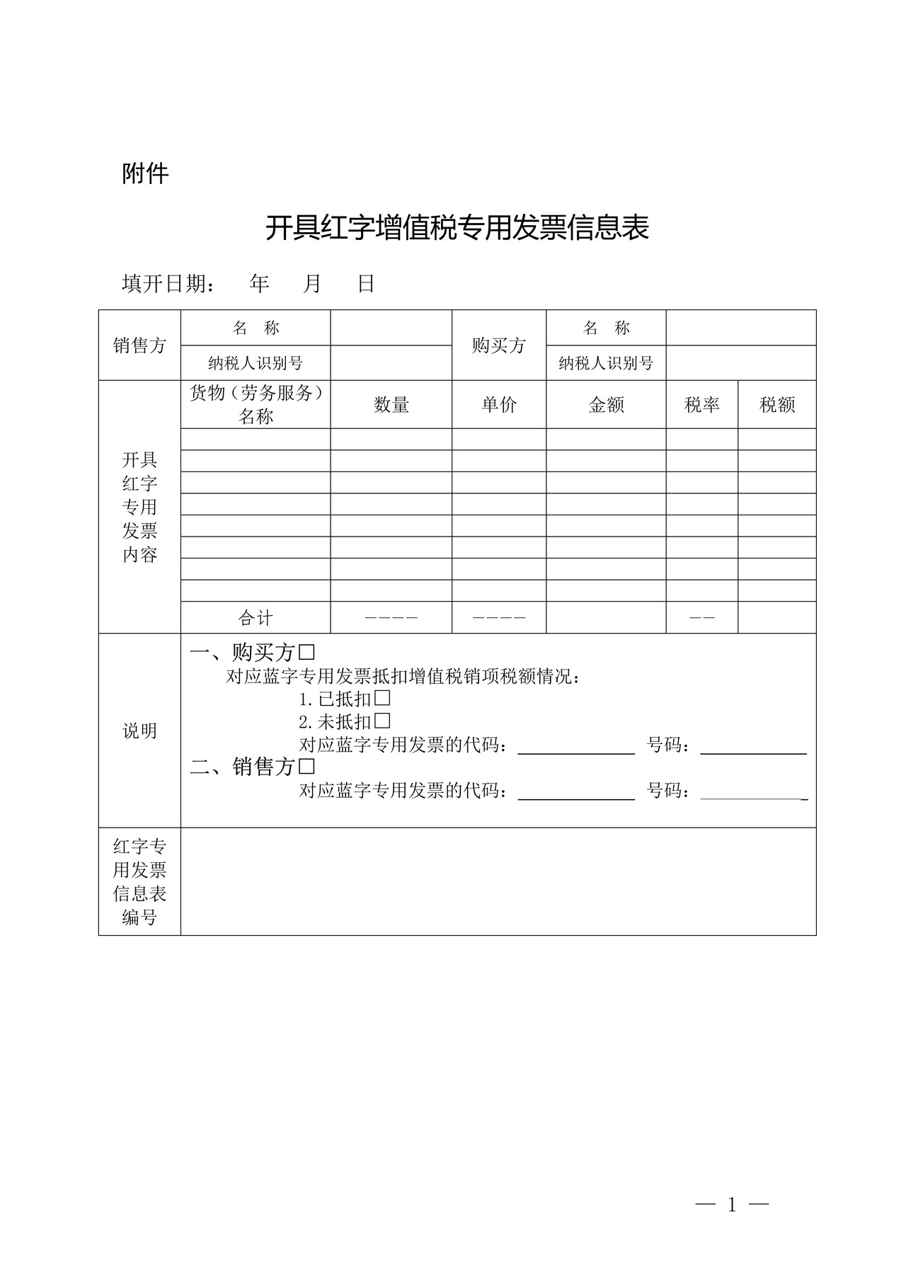 开具红字增值税专用发票信息表