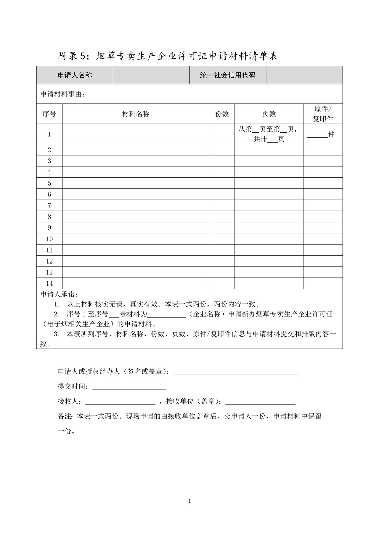 烟草专卖生产企业许可证申请材料清单表