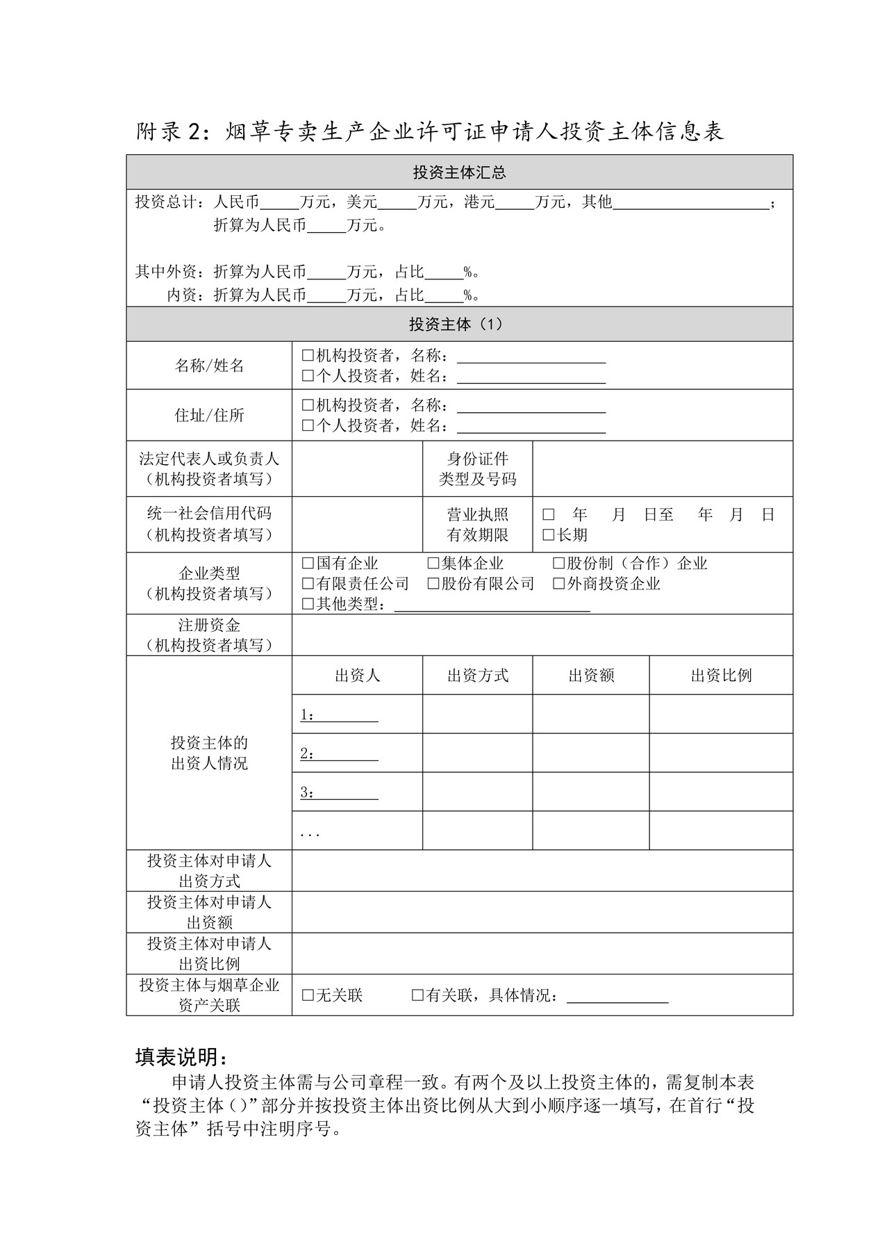 烟草专卖生产企业许可证申请人投资主体信息表