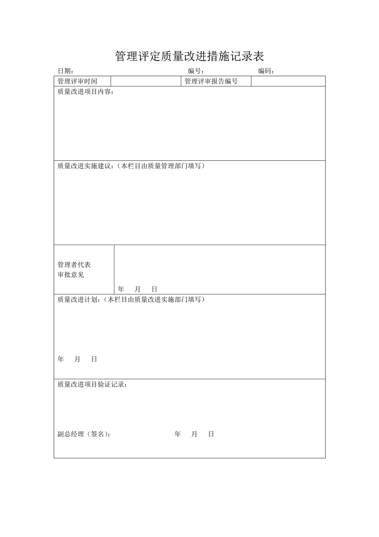 管理评定质量改进措施记录表
