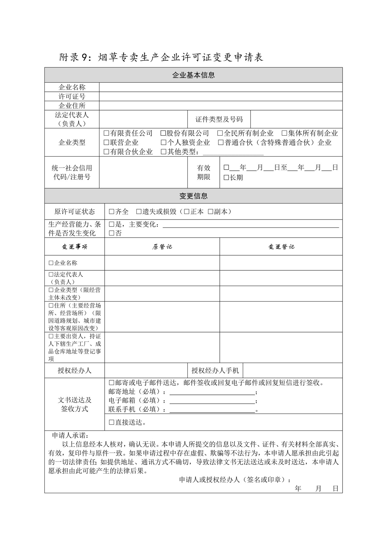 烟草专卖生产企业许可证变更申请表