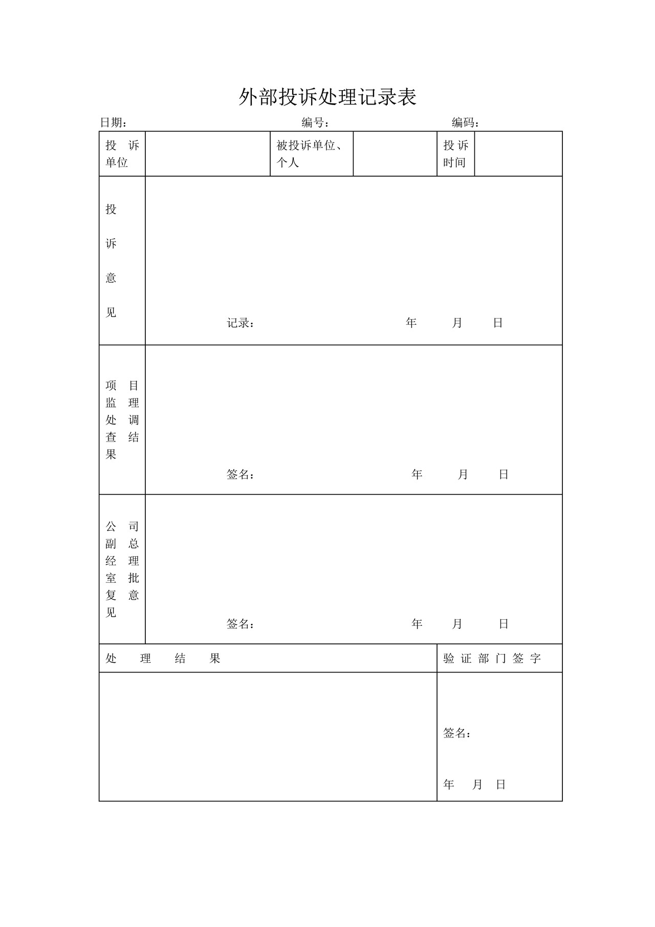 外部投诉处理记录表