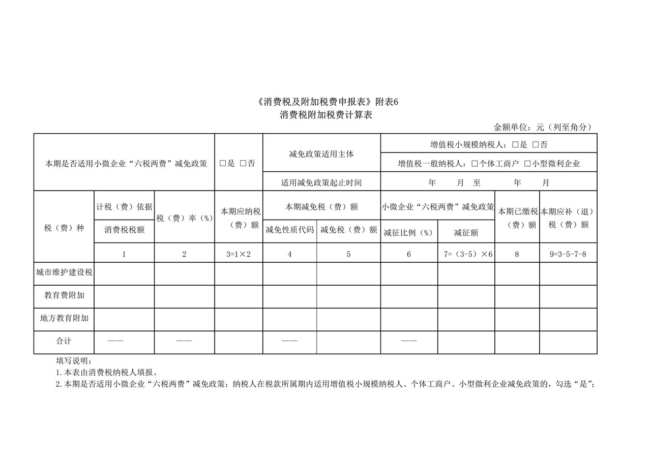 《消费税及附加税费申报表》附表6(消费税附加税费计算表)