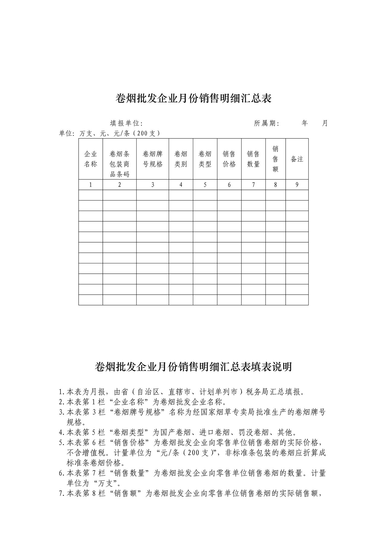 卷烟批发企业月份销售明细汇总表及填表说明