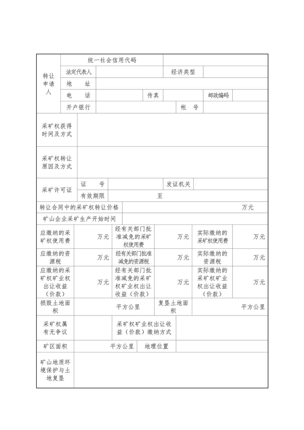 非油气采矿权转让申请书