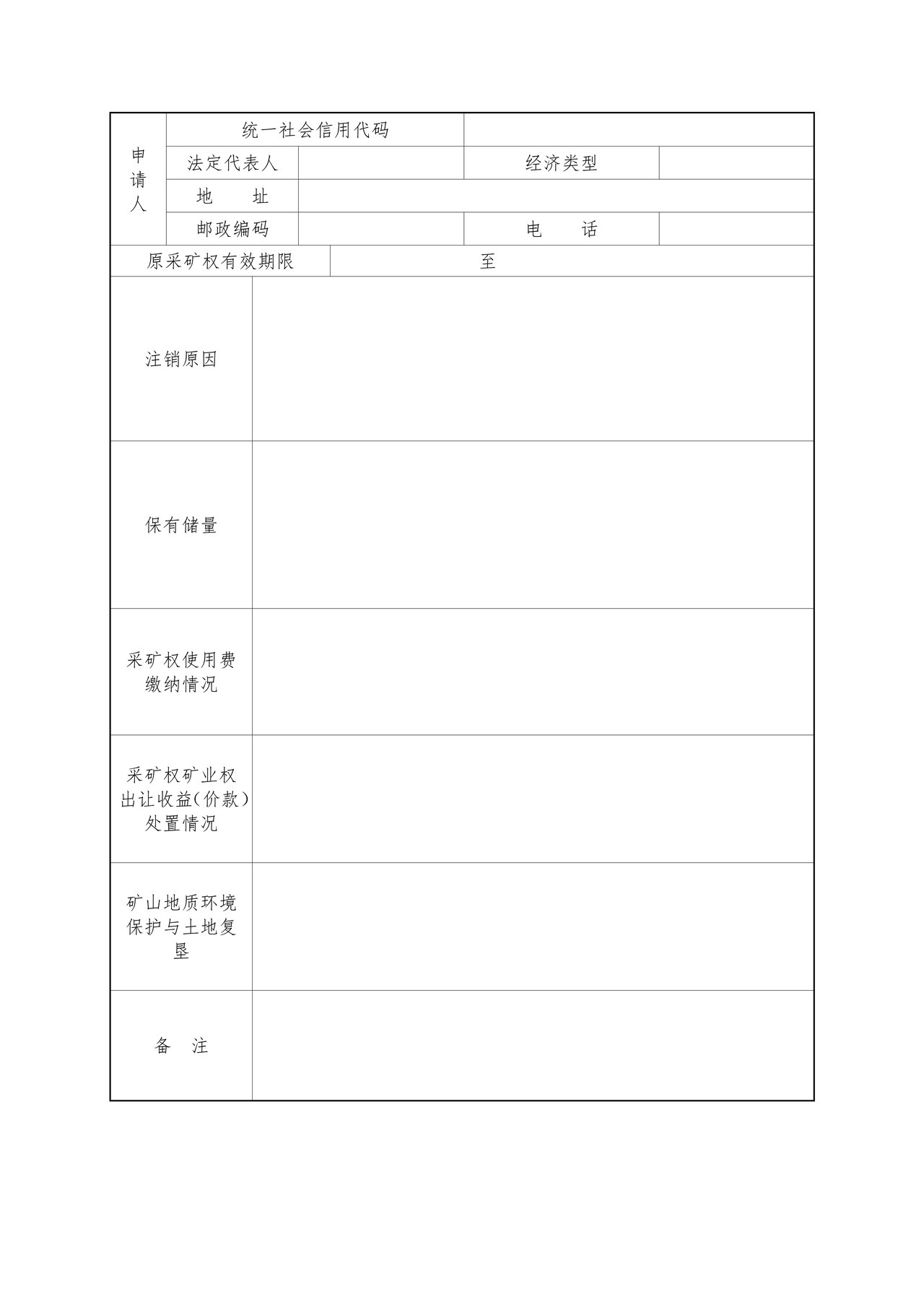 采矿权注销申请登记书