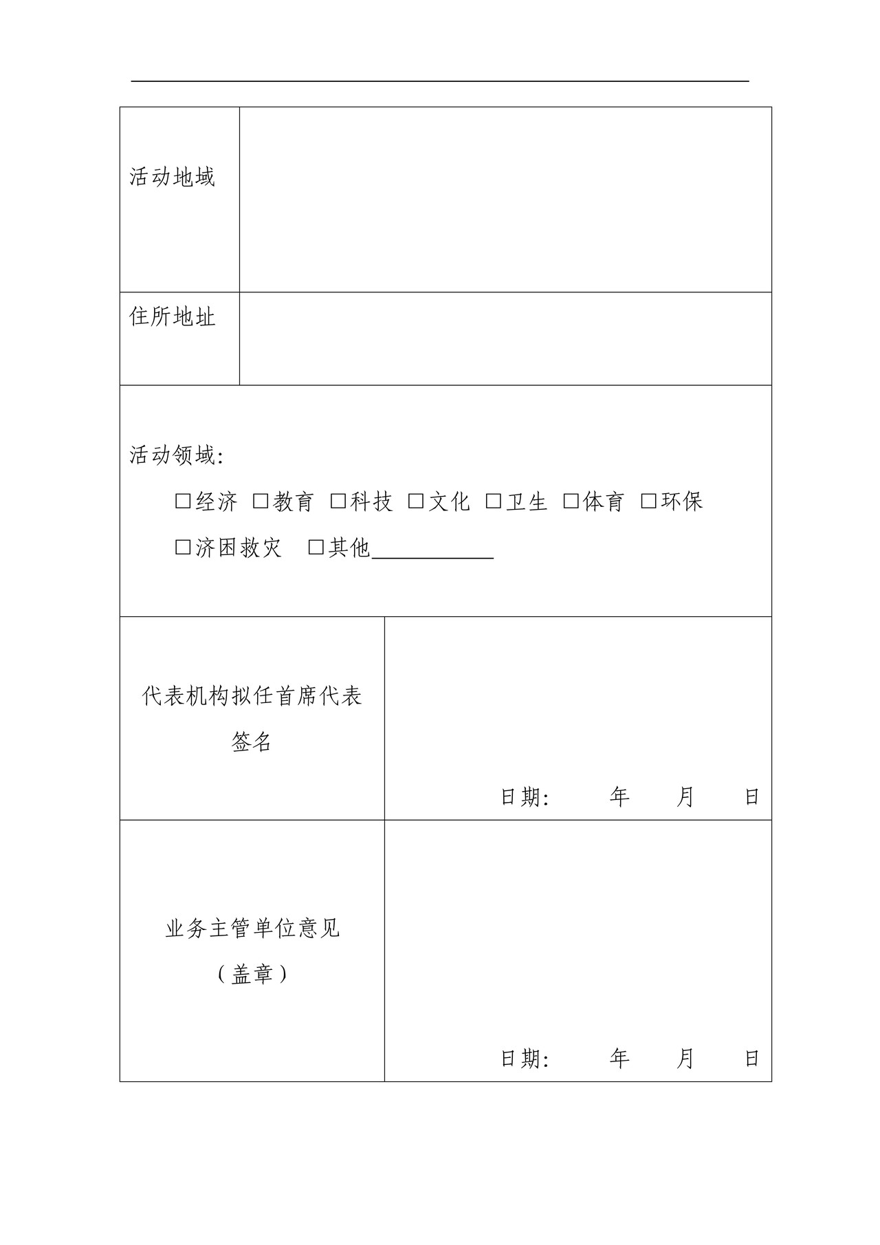 境外非政府组织代表机构登记事项表