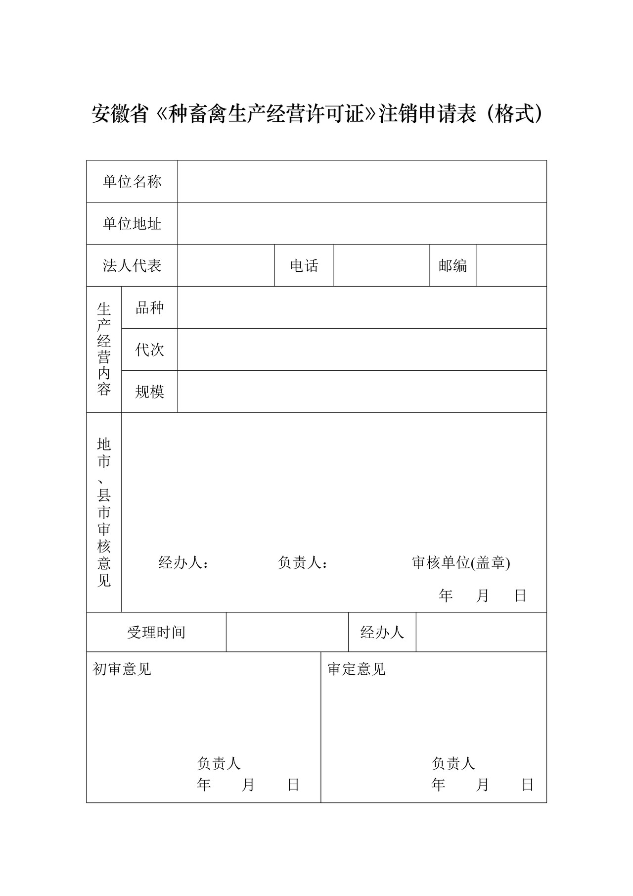 安徽省《种畜禽生产经营许可证》注销申请表