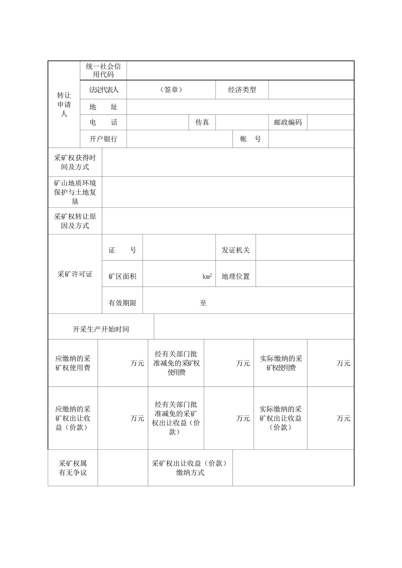 油气采矿权转让申请书