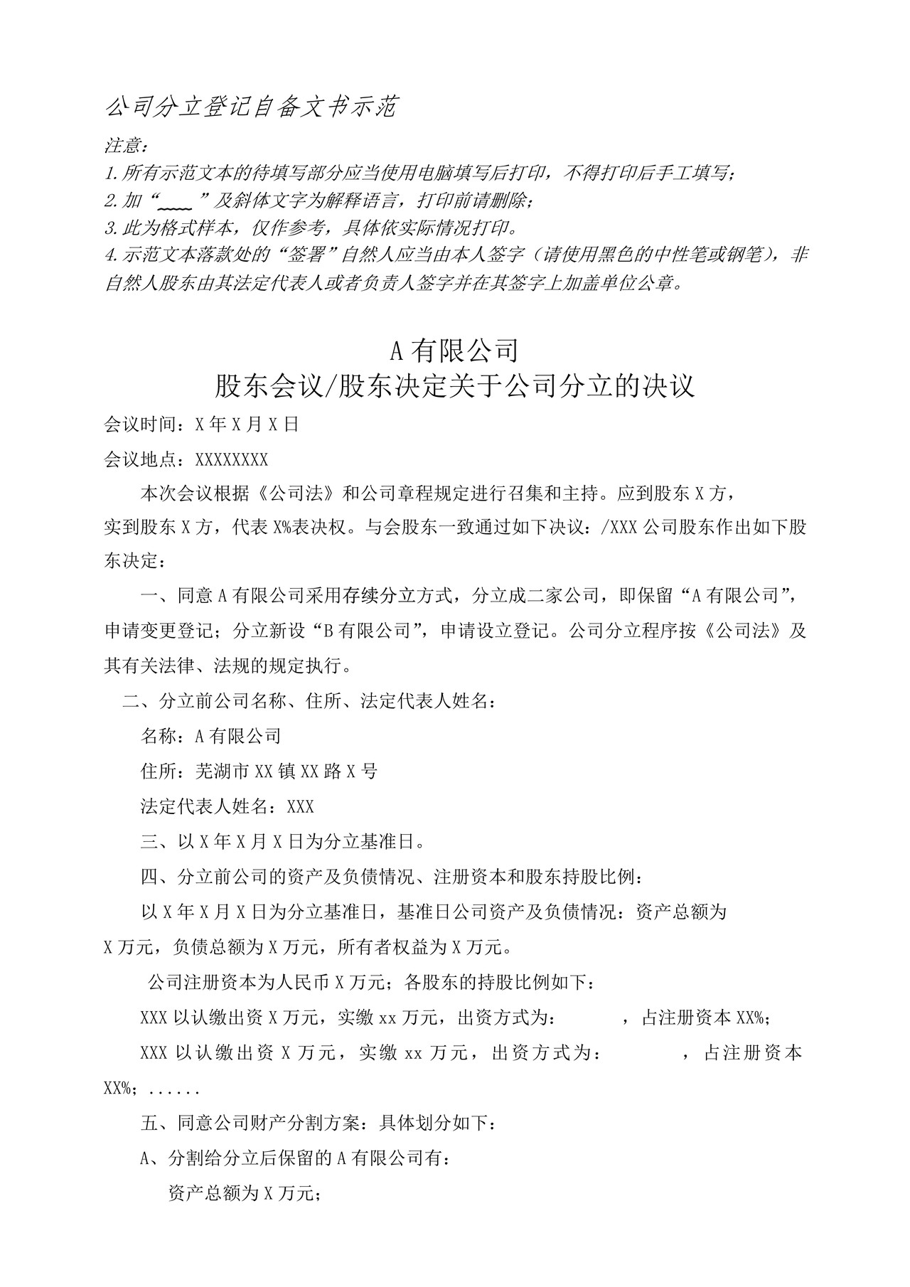 公司存续分立登记自备文书示范