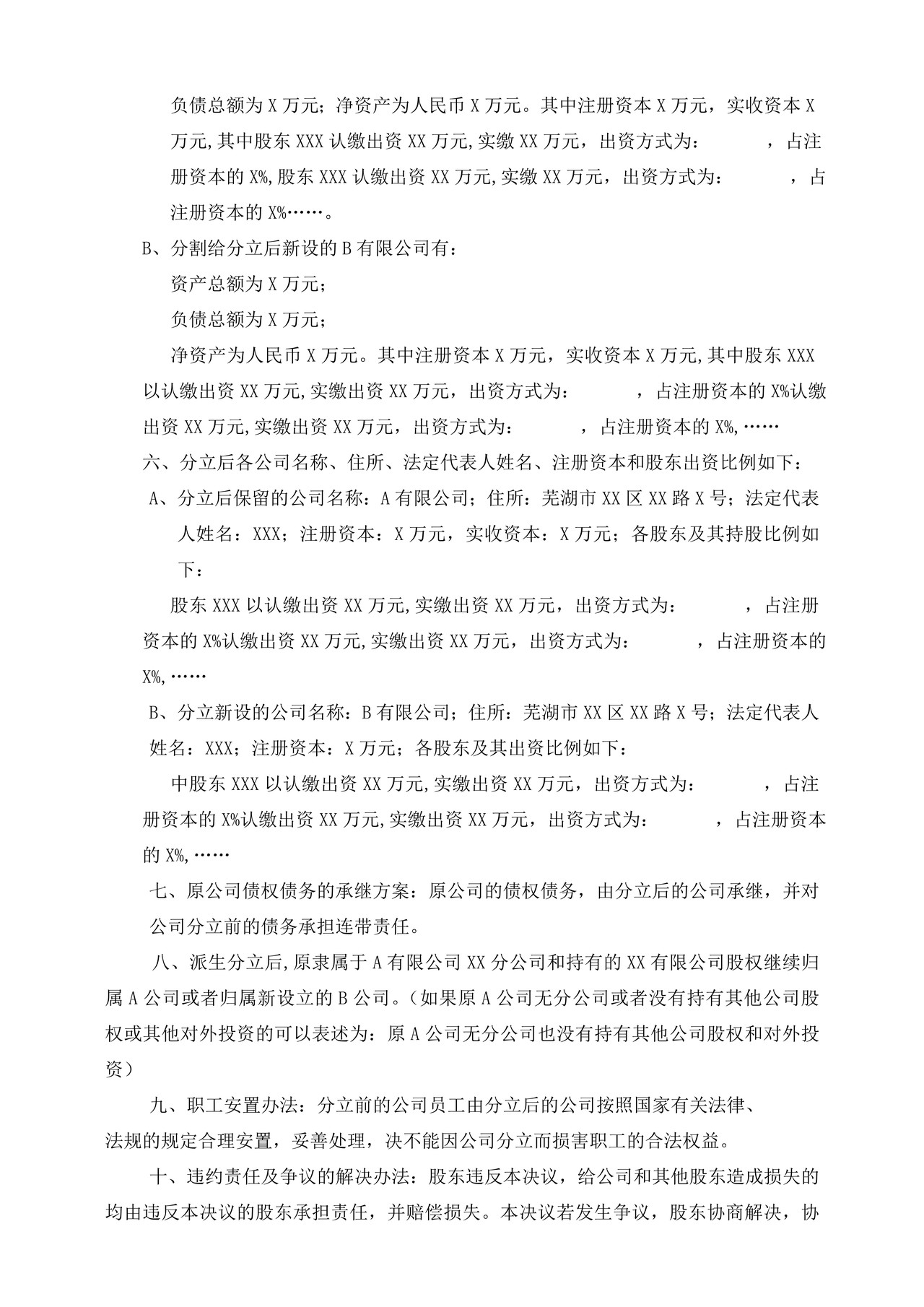 公司存续分立登记自备文书示范