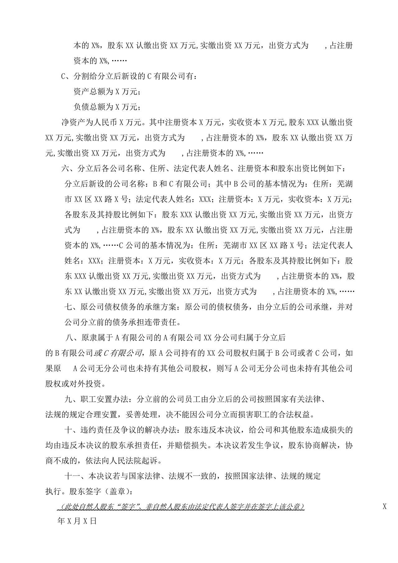 公司解散分立登记自备文书示范