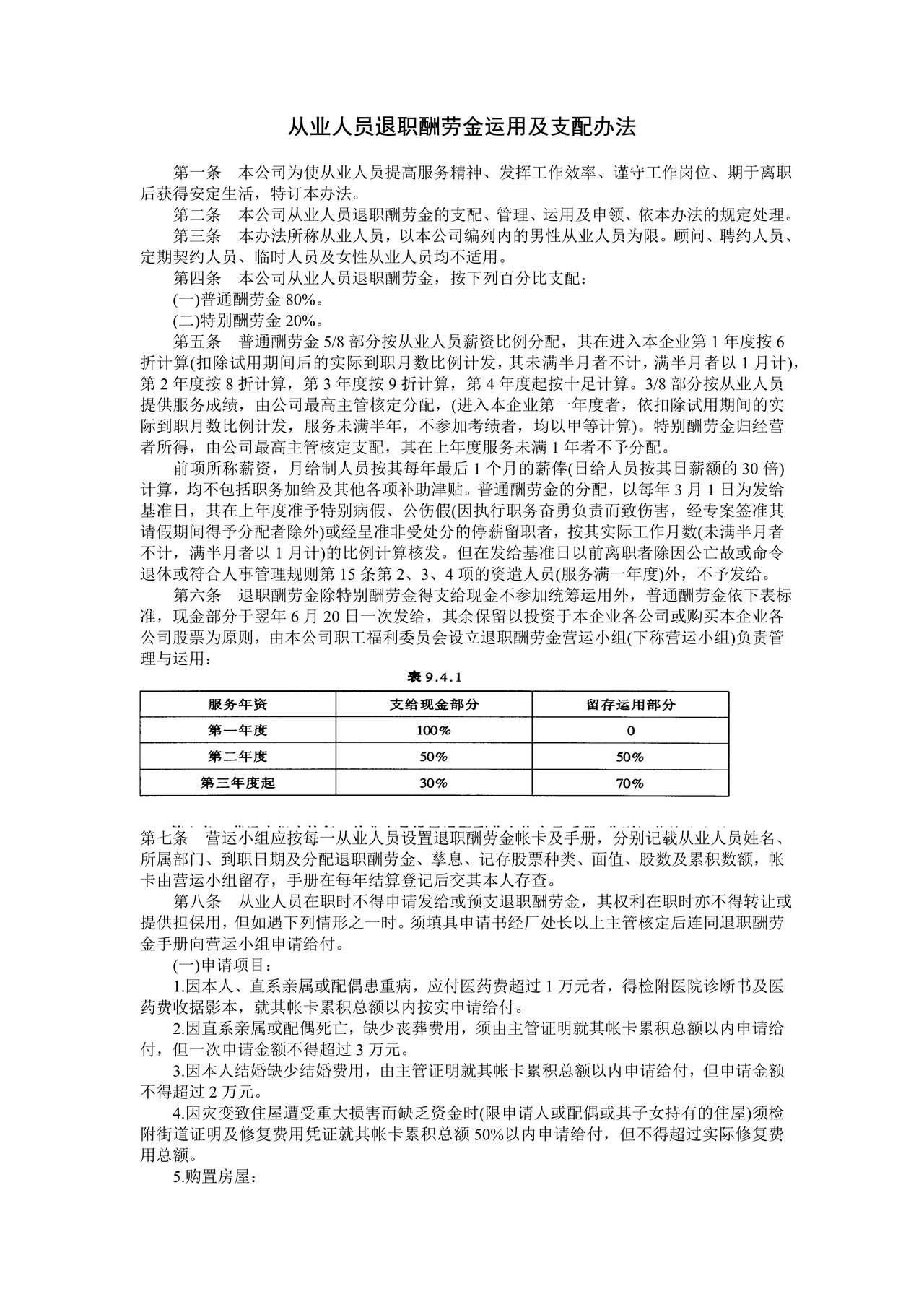 从业人员退职酬劳金运用及支配办法