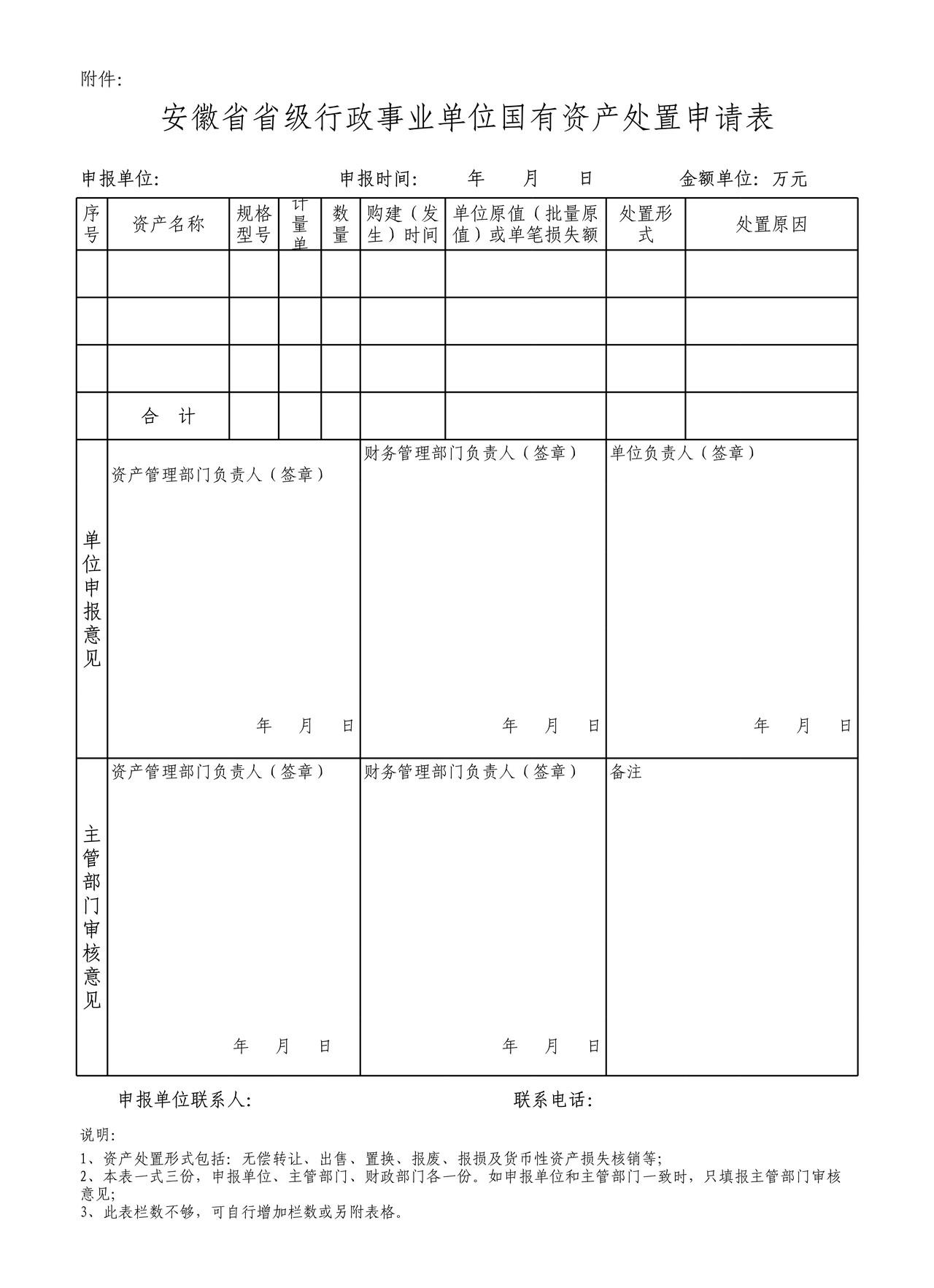 安徽省省级行政事业单位国有资产处置申请表