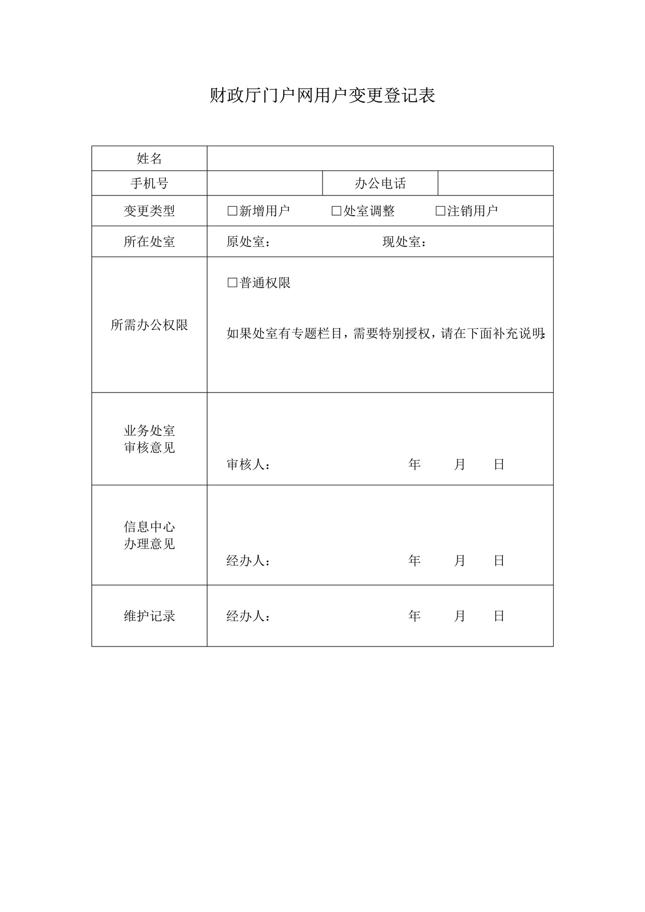 财政厅门户网用户变更登记表