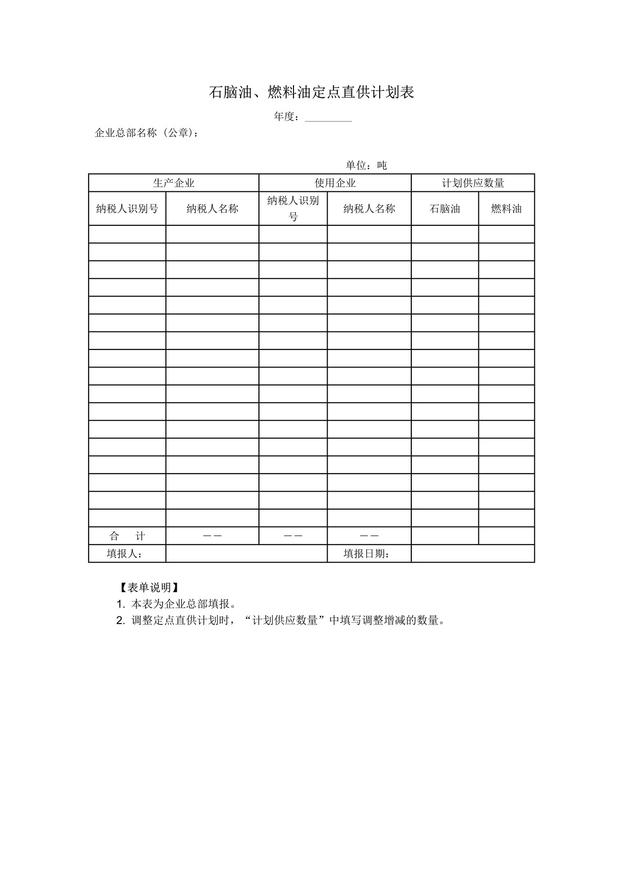 《石脑油、燃料油定点直供计划表》