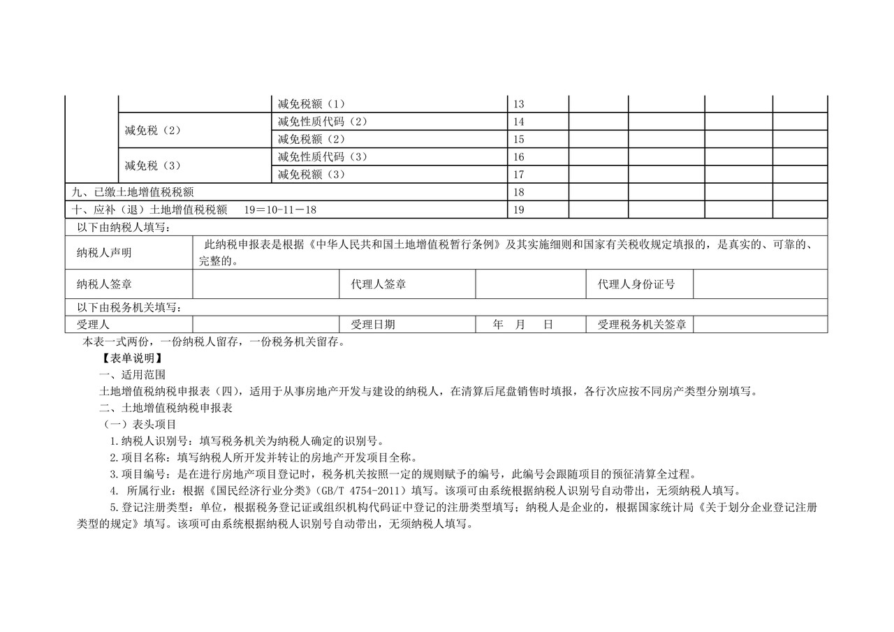 《土地增值税纳税申报表（四）（从事房地产开发的纳税人清算后尾盘销售适用）》