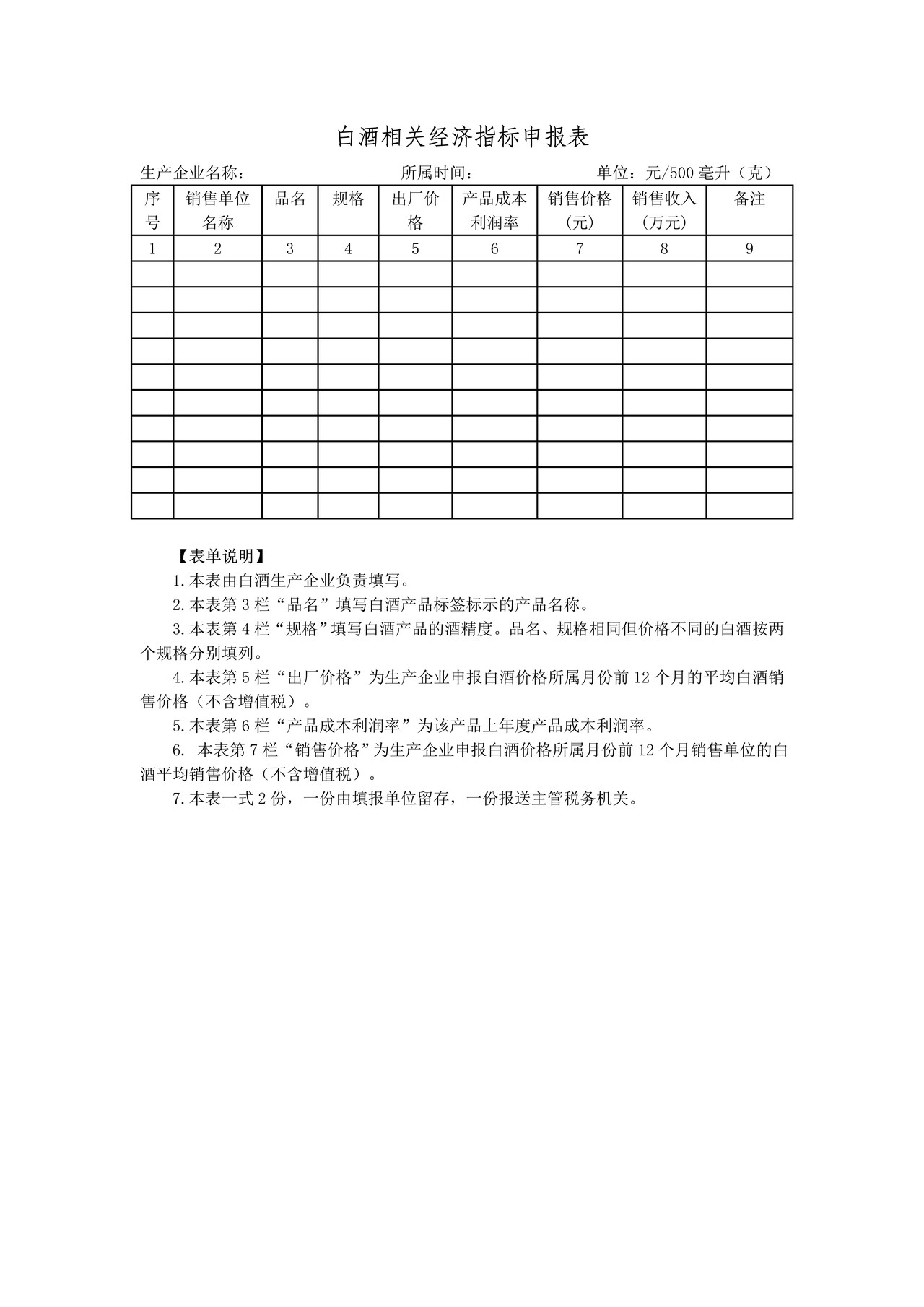 白酒相关经济指标申报表