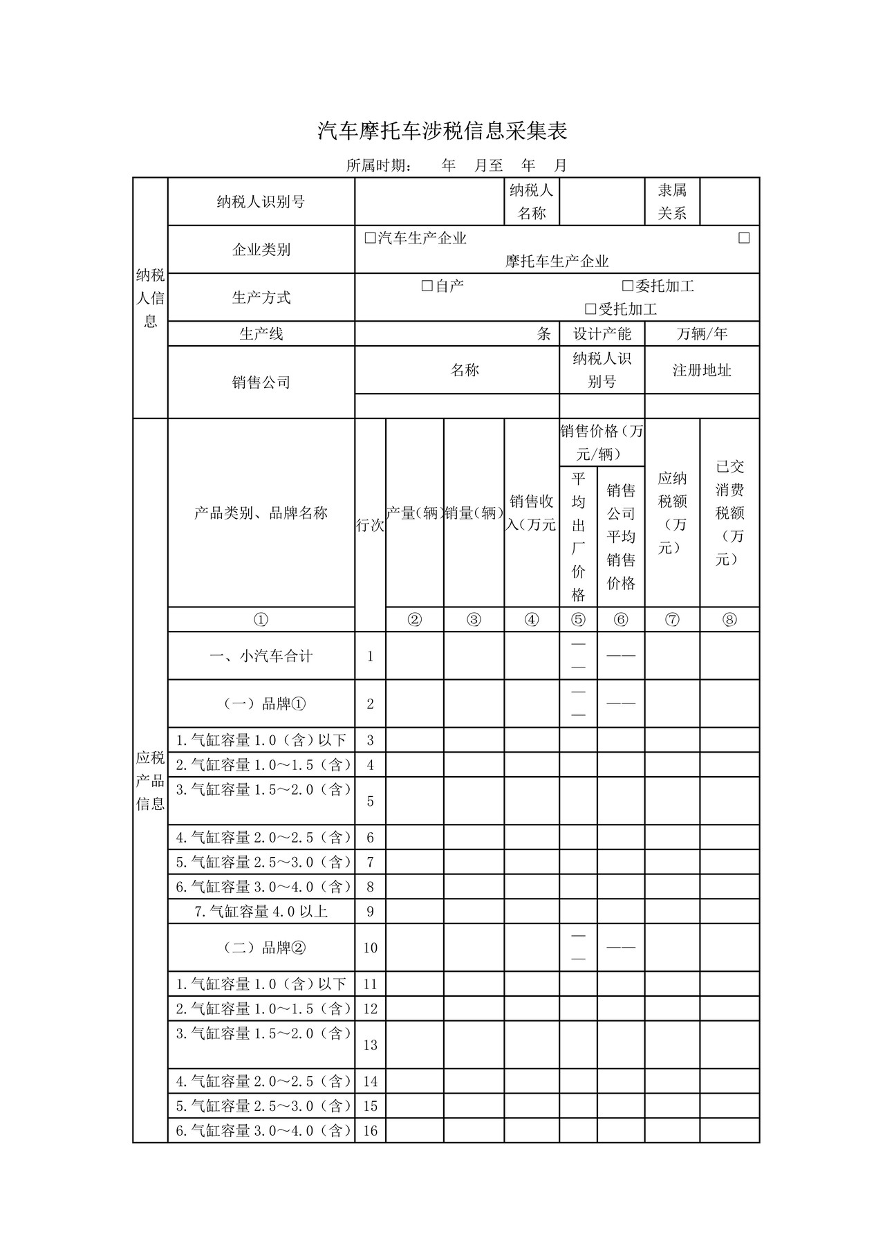 《汽车摩托车涉税信息采集表》