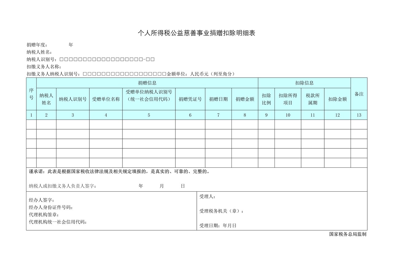 个人所得税公益慈善事业捐赠扣除明细表