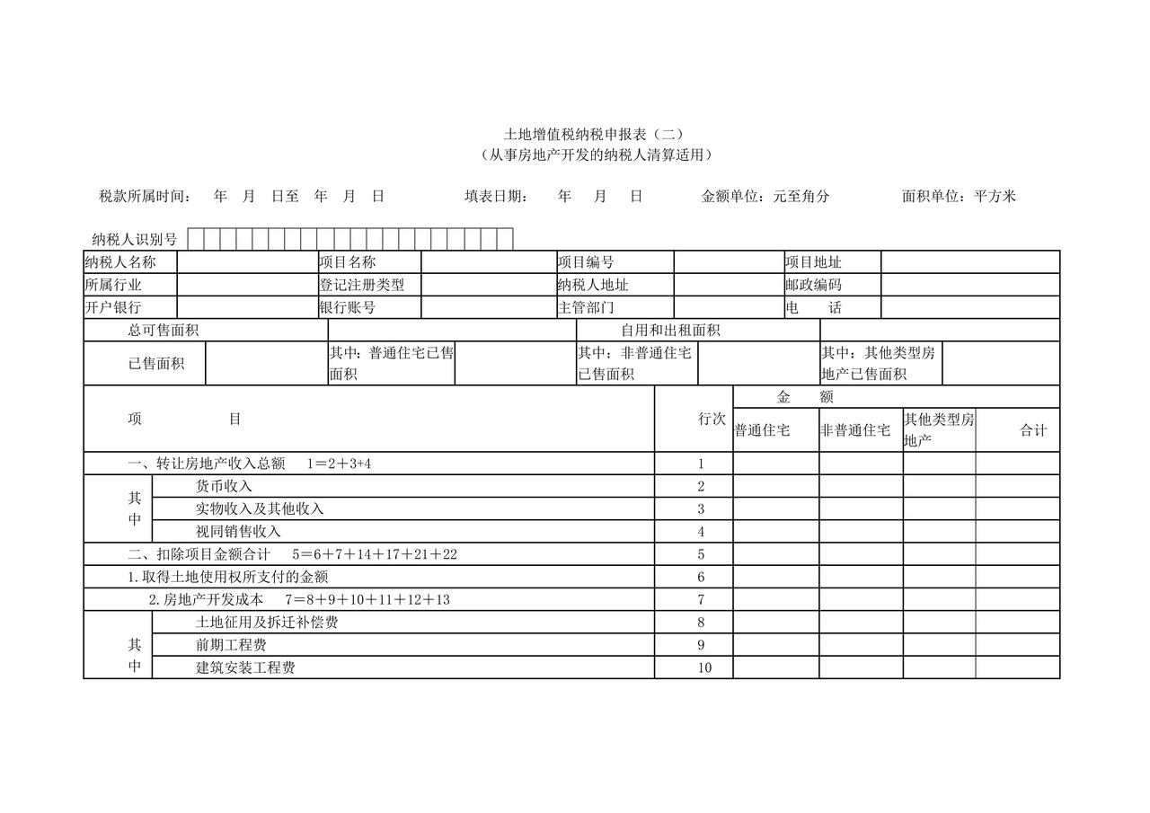 《土地增值税纳税申报表（二）（从事房地产开发的纳税人清算适用）》