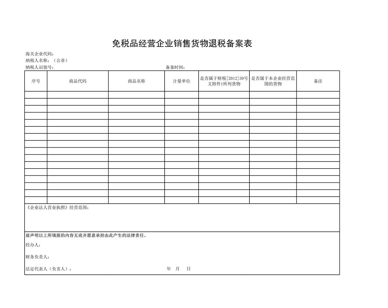 免税品经营企业销售货物退税备案表