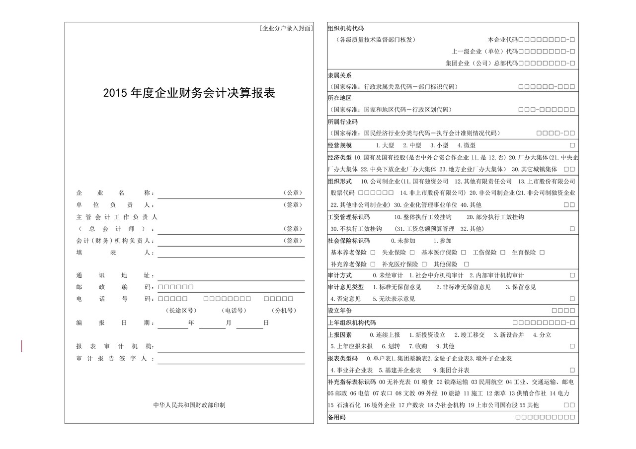 2015年度企业财务会计决算报表-单户封面