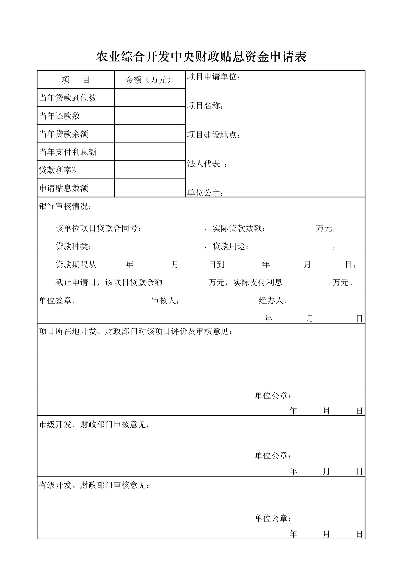 农业综合开发中央财政贴息资金申请表