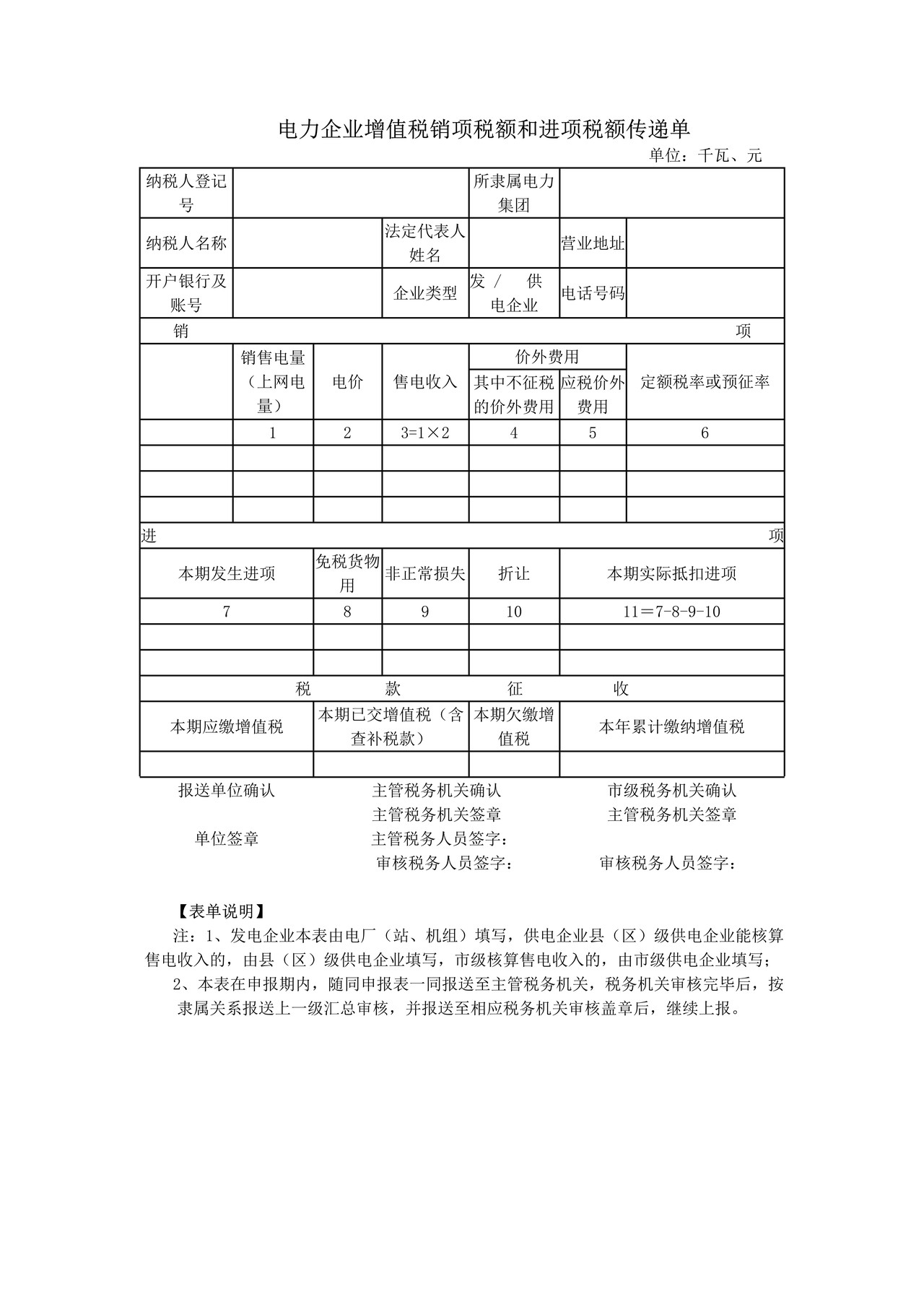 电力企业增值税销项税额和进项税额传递单