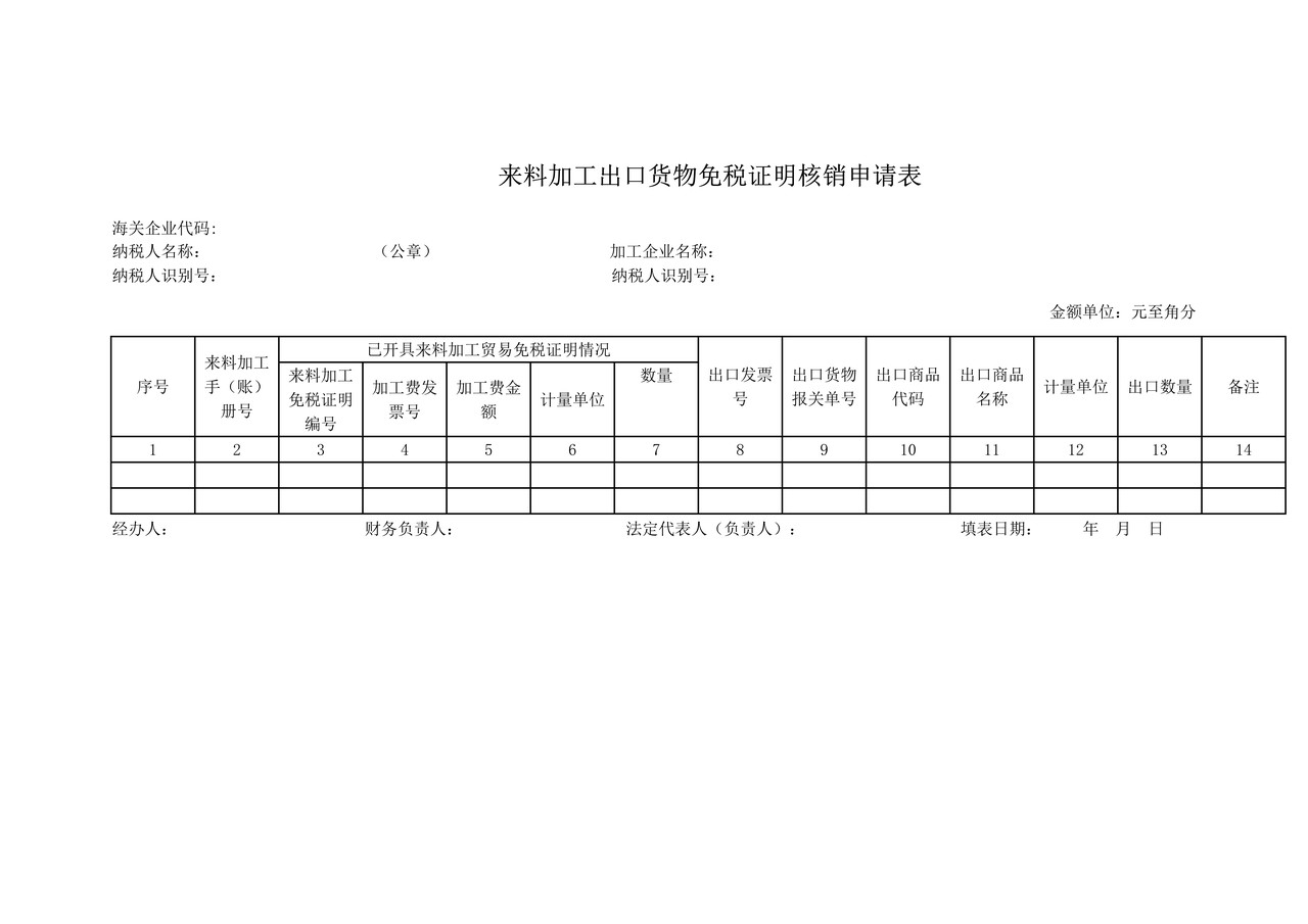 来料加工出口货物免税证明核销申请表