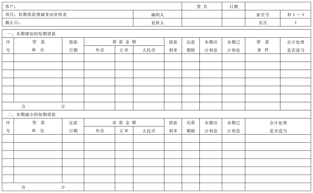 D01短期借款审计表格