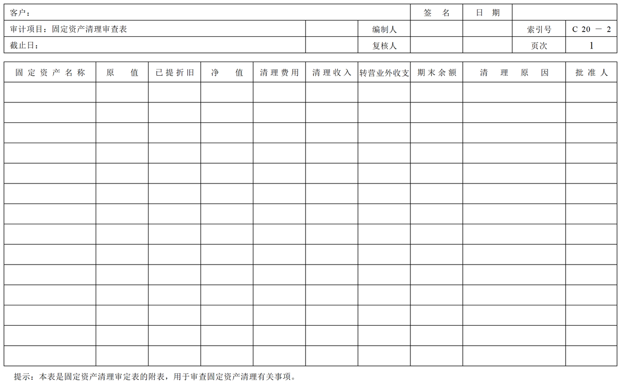 C20固定资产清理审计表格