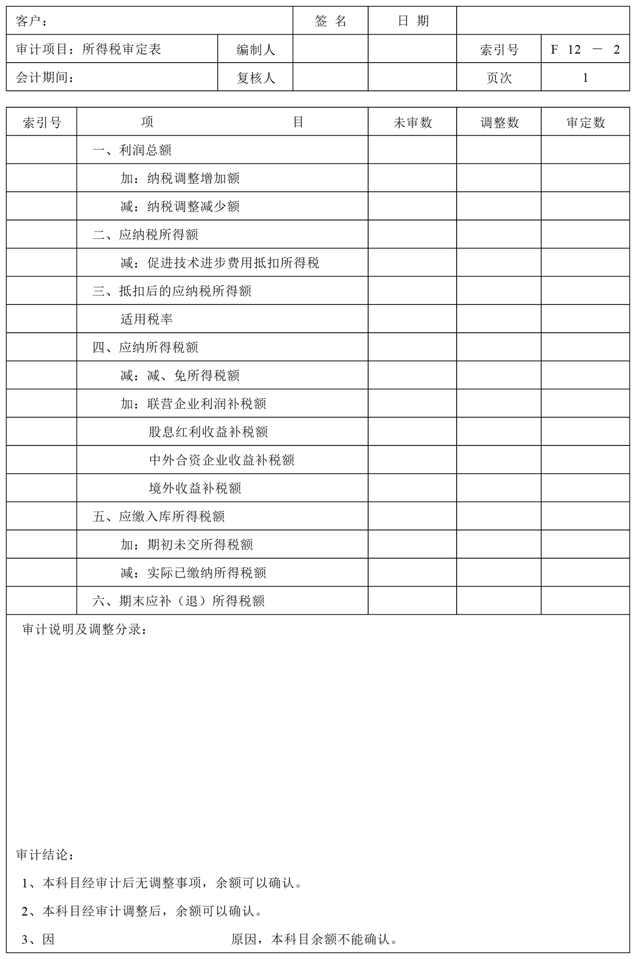 F12所得税审计表格