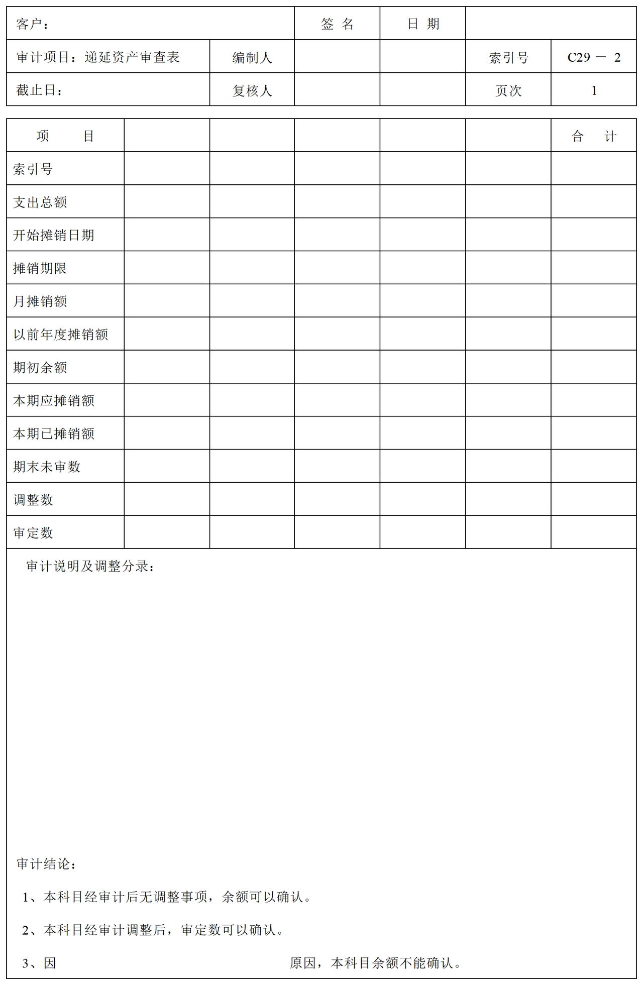 C29递延资产审计表格
