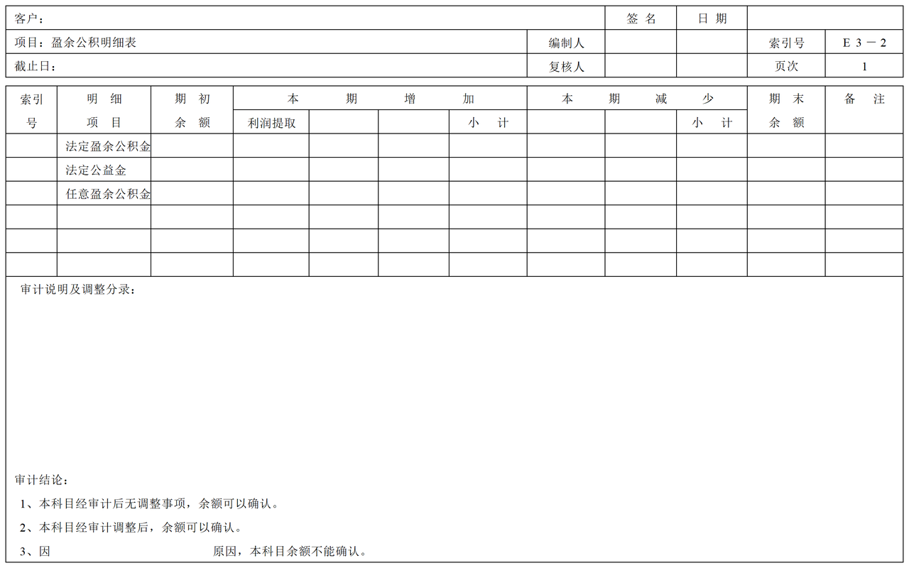 E03盈余公积审计表格