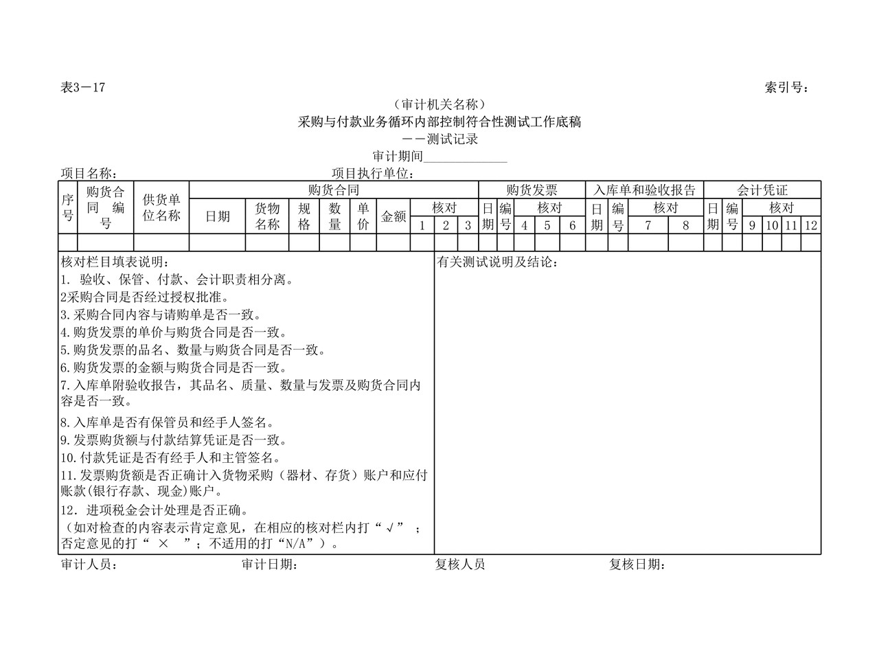 采购与付款业务循环内部控制符合性测试审计工作底稿