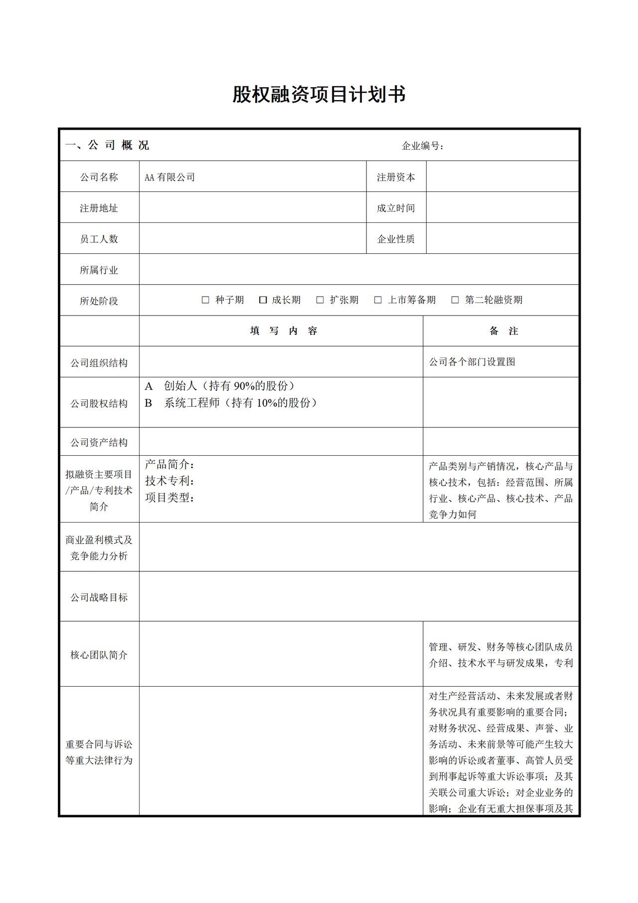 股权融资项目计划书