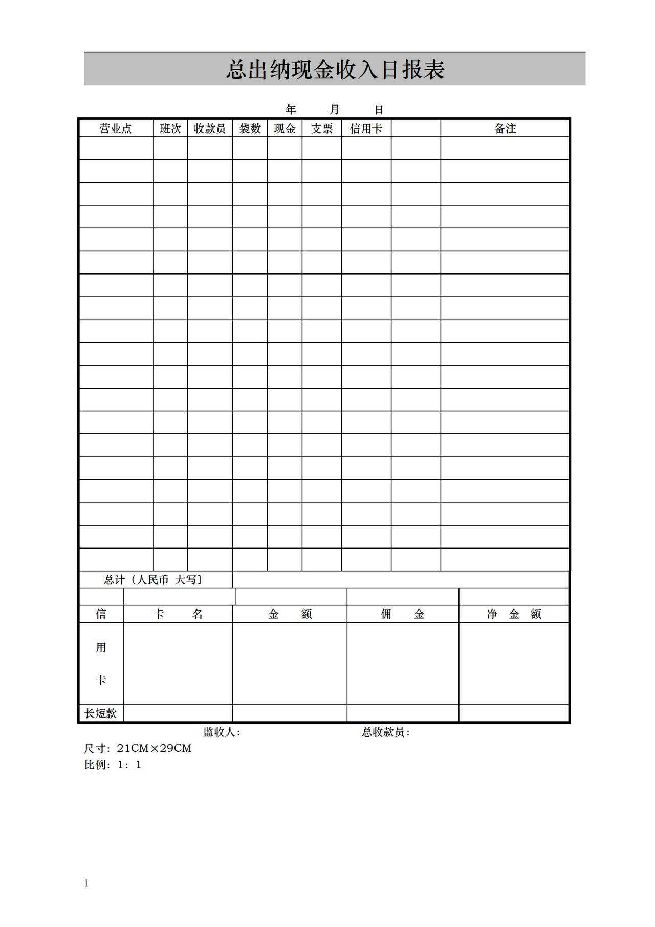 总出纳现金收入日报表