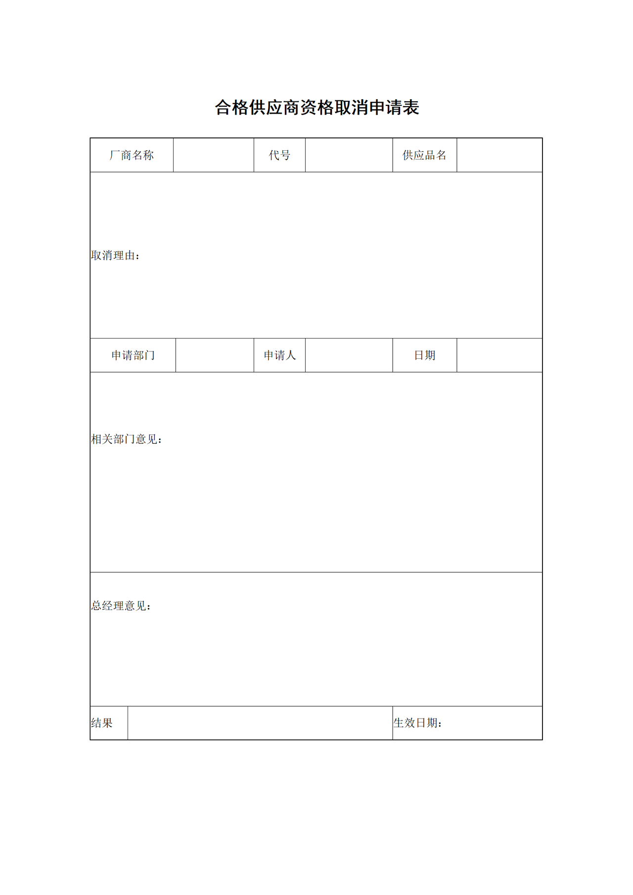 合格供应商资格取消申请表